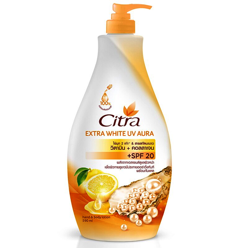 Citra Extra White UV Aura Double Pearl and Lemon Extract Hand and Body Lotion Vitamin + Collagen + SPF 20 Size 590ml