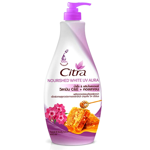 Citra Nourished White UV Aura Honey &amp; Prime Rose Oil Hand and Body Lotion Vitamin C&amp;E + Collagen ຂະໜາດ 400ml