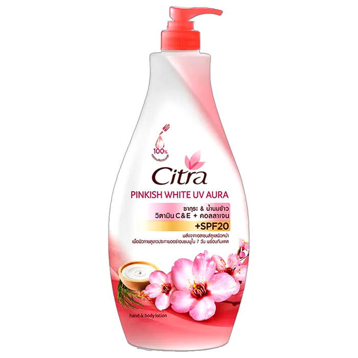 ໂລຊັ່ນບຳລູງຜິວ Citra Pinkish White UV Aura Sakura + Rice Milk SPF20 Hand And Body Lotion Size 400ml