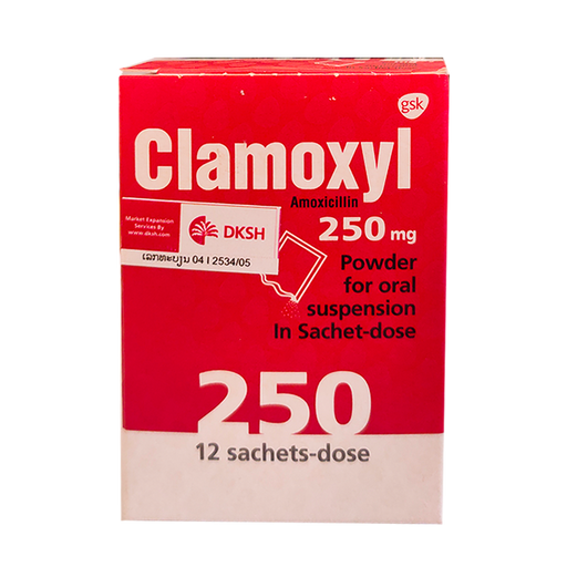 Clamoxyl Amoxicillin 250 mg Powder for oral suspension in sachet-dose boxes of 12 Sachet-dose-dose