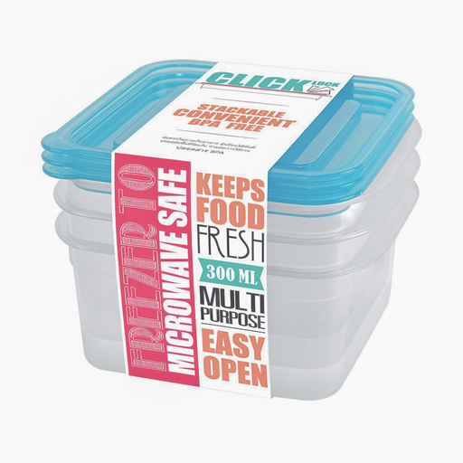 Click Lock Food Containers Stackable Convenient BPA Free Size 10.6 x 11.6 x 9cm 300ml Set 3 pcs (Blue)