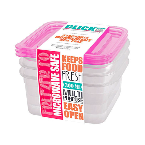 Click Lock Food Containers Stackable Convenient BPA Free Size 10.6 x 11.6 x 9cm 300ml Set 3 pcs (Pink)