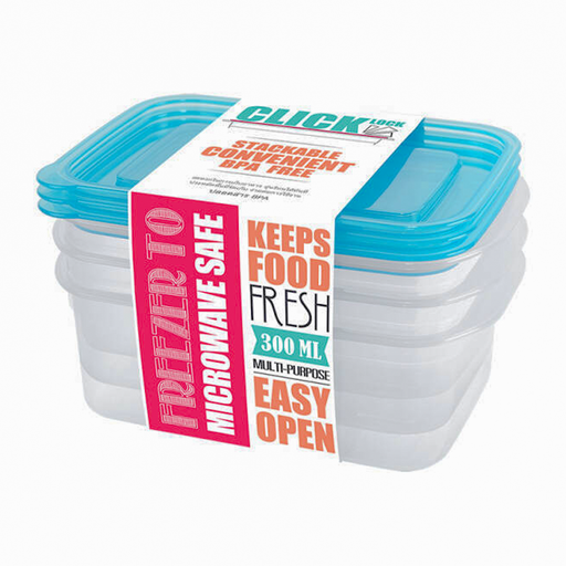 Click Lock Food Containers Stackable Convenient BPA Free Size 9.5 x 14.4 x 4.5cm 300ml Set 3 pcs (Blue)