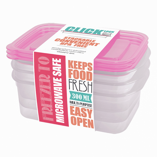 Click Lock Food Containers Stackable Convenient BPA Free Size 9.5 x 14.4 x 4.5cm 300ml Set 3 pcs (Pink)
