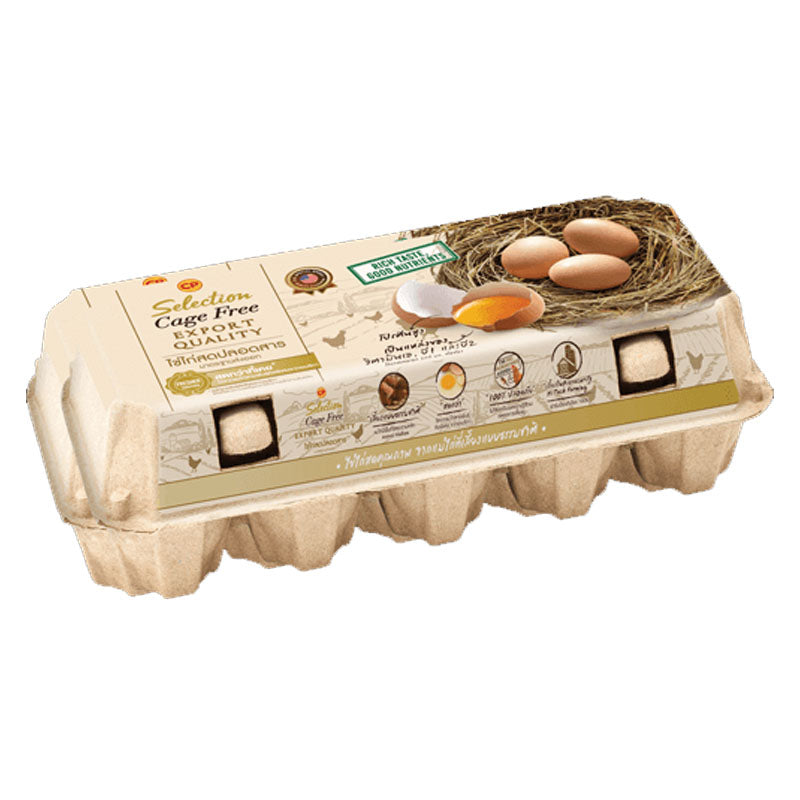 A pack of 10 cage-free eggs with the brand CP Selection visible, packaged in a brown carton with a clear window showing the eggs and some information about the product.