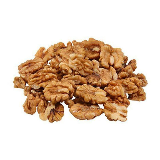 A pile of whole, shelled walnuts on a white background.