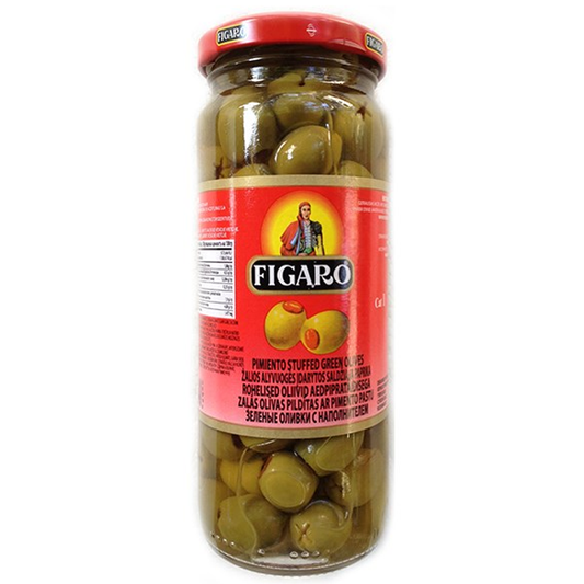 A jar of Figaro brand stuffed green olives. The label shows the olives and the brand name, with an image of a person standing behind the olives.