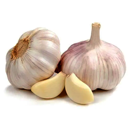 Two whole garlic bulbs and two cloves of garlic, one whole and one cut in half, on a white background.