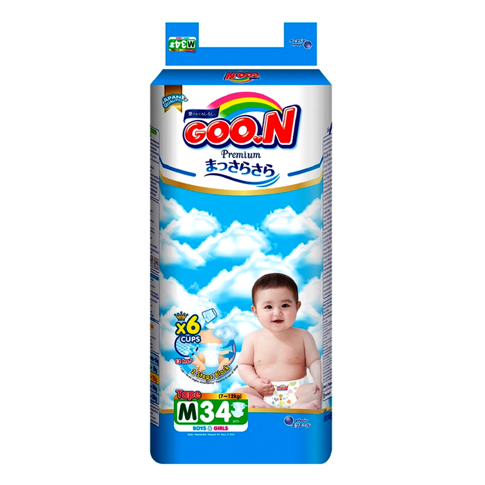 Goo.N Premium Mommy Kiss Pants Size M 17-12kg For Boys & Girls Disposable Tape Diaper Pack of 34pcs