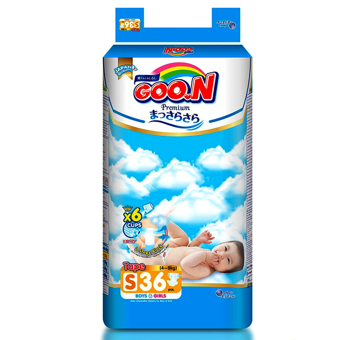Goo.N Premium Size S 4-8kg For Boys & Girls Disposable Tape Diaper Pack of 36pcs