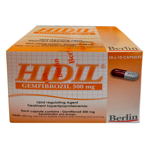 HIDIL Gemfibrozil 300 mg Lipid regulating Agent Treatment hyperlipoproteinemia boxes of 100 capsules