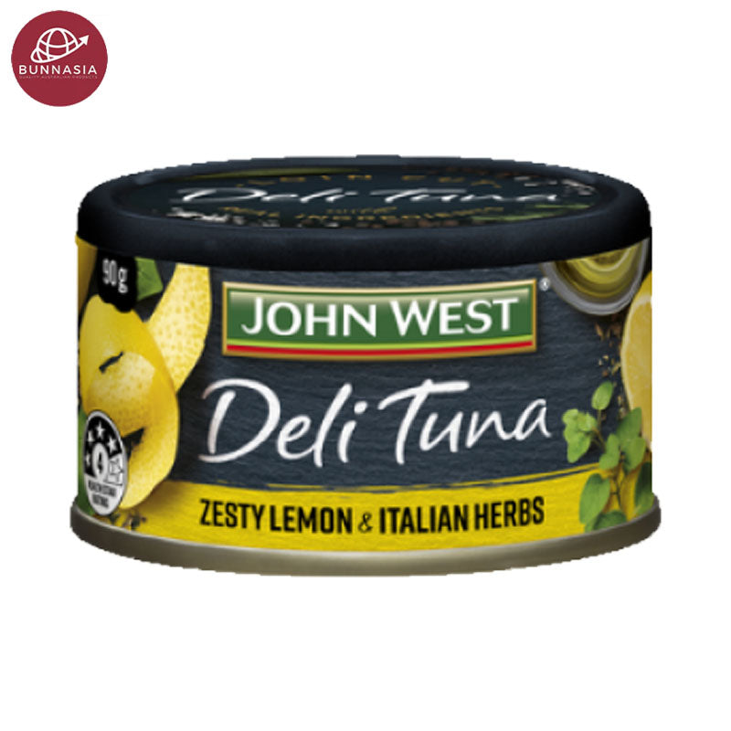 A can of John West Deli Tuna with Zesty Lemon & Italian Herbs flavor.