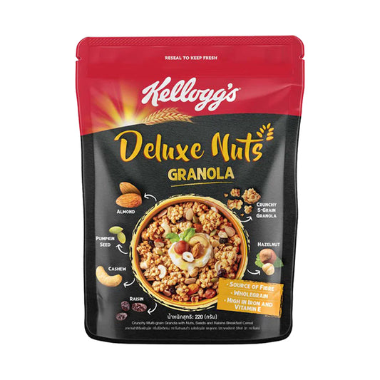 A package of Kellogg's Deluxe Nuts Granola. The front shows the granola with nuts and a bowl illustration, and the back provides product details and nutritional information.