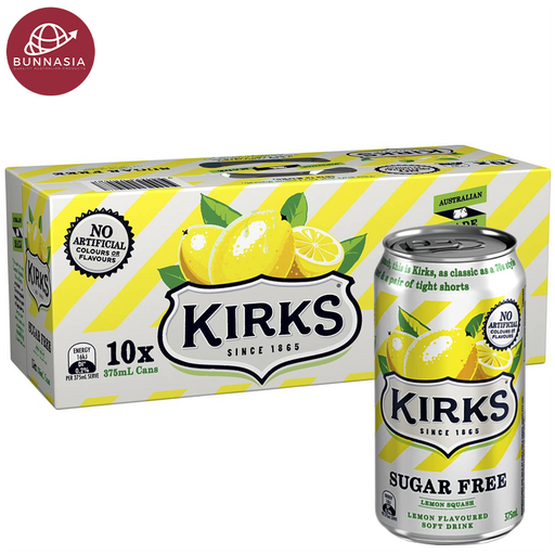 Kirks Lemon Squash Sugar Free Flavor Soft Drink 375ml Pack 10 cans 