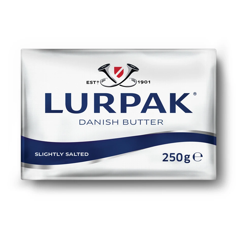 Packaging of LURPAK DANISH BUTTER, 250g size, with 'est. 1901' and 'Slightly Salted' labels.
