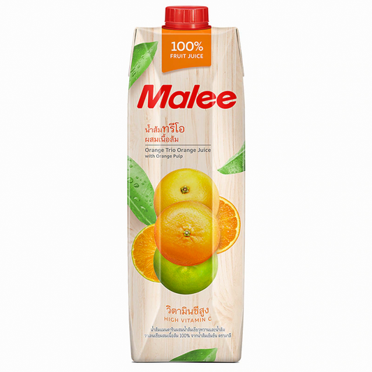 A bottle of Malee Orange Trio Orange Juice with Orange Pulp. The packaging is predominantly white and red, with images of oranges and a transparent window showing the orange juice inside.