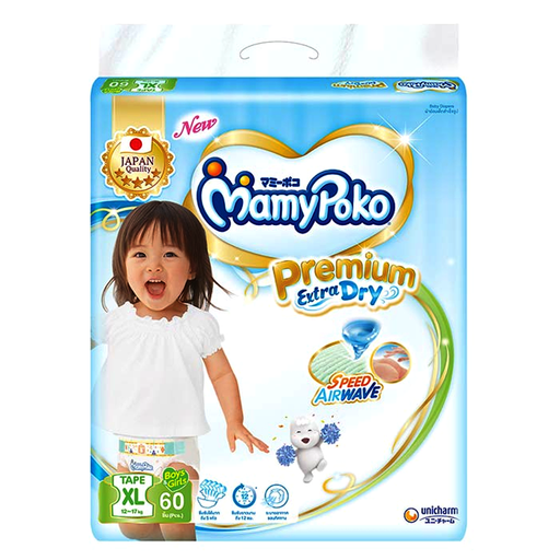 MamyPoko Premium Extra Dry Tape Diaper Size XL 12-17kg ສໍາລັບເດັກຊາຍ ແລະເດັກຍິງ ບັນຈຸ 60 pcs