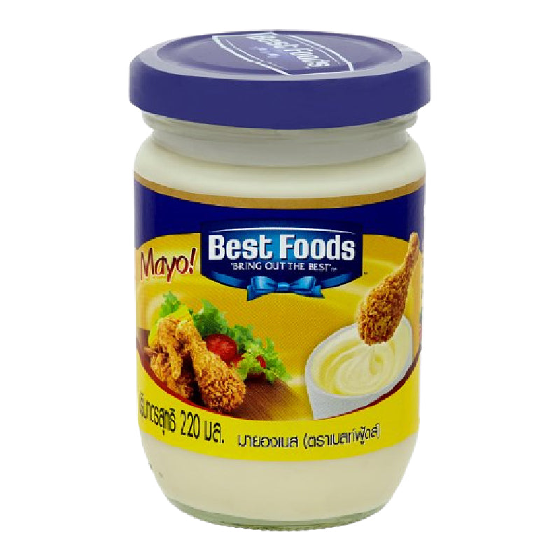 “Glass jar of Best Foods mayonnaise, 220 ml, with blue screw lid. Label shows a spoonful of mayo being dipped by a fried chicken strip, and a side salad with tomatoes and lettuce. Text on label reads ‘Best Foods – Bring Out The Best’.”