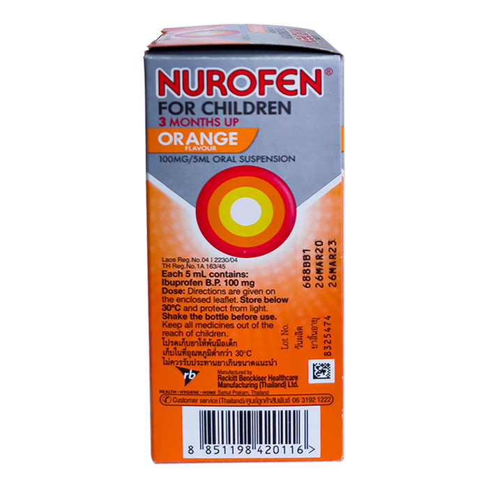 NUROFEN ສໍາລັບເດັກນ້ອຍ Ibuprofen 3 ເດືອນຂື້ນໄປ Fever and Pain Relief ລົດຊາດສົ້ມ ຂະໜາດ 60 ml