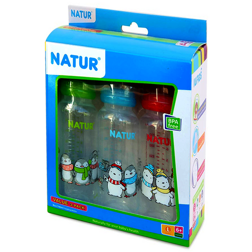 Natur Assorted Pattern Feeding Bottle Round Shape BPA Free Size 8oz for baby 6months ++ pack of 3pcs