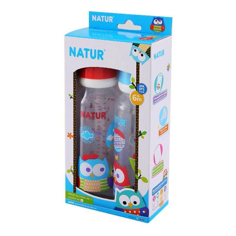 Natur Assorted Pattern Feeding Bottle Round Shape Free BPA,BPS Size 8oz for baby 6months ++ pack of 2pcs