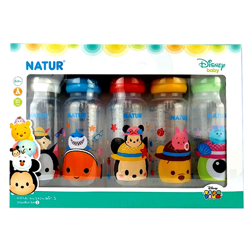 Natur Disney baby Tsum Tsum ຕຸກກະຕຸກໃຫ້ນົມຮູບຊົງກົມ ບໍ່ເສຍຄ່າ BPA,BPS ຂະໜາດ 8oz ສຳລັບເດັກນ້ອຍ 6ເດືອນ ++ ຊອງ 5pcs