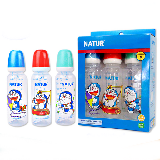 Natur Doraemon Pattern Feeding Bottle Round Shape BPA Free With Anti Colic Nipple Size 8oz ສໍາລັບເດັກນ້ອຍ 6 ເດືອນ ++