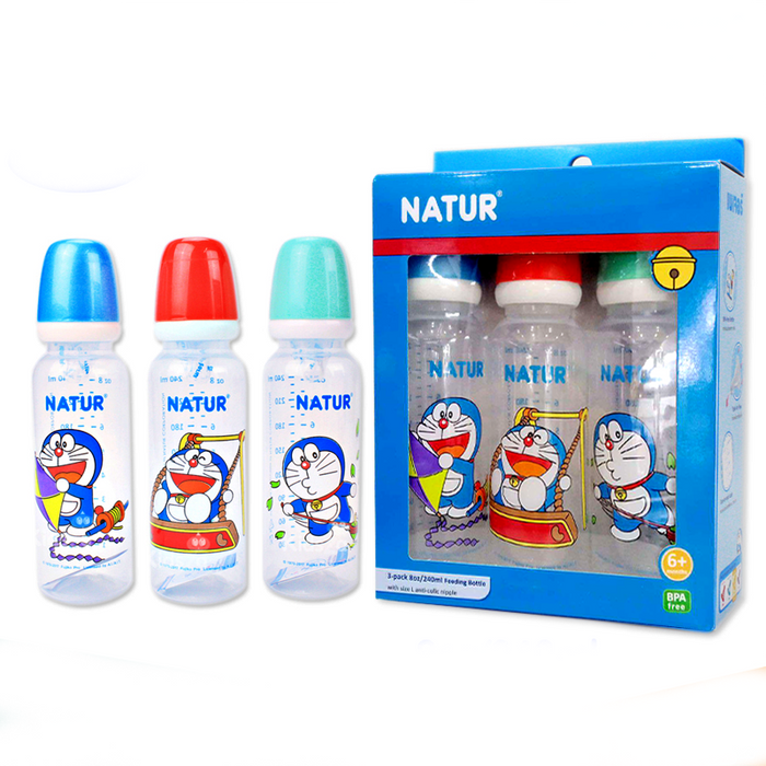 Natur Doraemon Pattern Feeding Bottle Round Shape BPA Free With Anti Colic Nipple Size 8oz for baby 6months ++