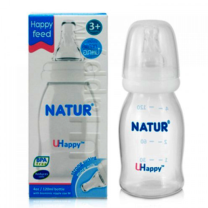 Natur Uhappy Feeding Bottle BPA Free With Biomimic nipple Size 4oz for baby 3months ++