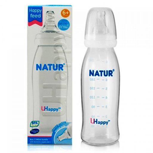 Natur Uhappy Feeding Bottle BPA Free ກັບຫົວນົມ Biomimic ຂະຫນາດ 8oz ສໍາລັບເດັກນ້ອຍ 6 ເດືອນ ++