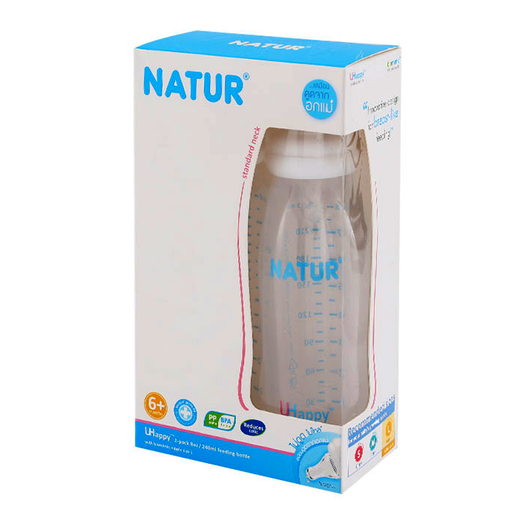Natur Uhappy Feeding Bottle BPA Free With Biomimic nipple Size 8oz for baby 6months ++ pack of 2pcs