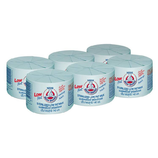 ນົມເນສເລ່ ກາໝີ ໄຂມັນຕ່ຳ Nestle Bear Brand Sterilized Low Fat Milk 140ml Pack of 6 Canned