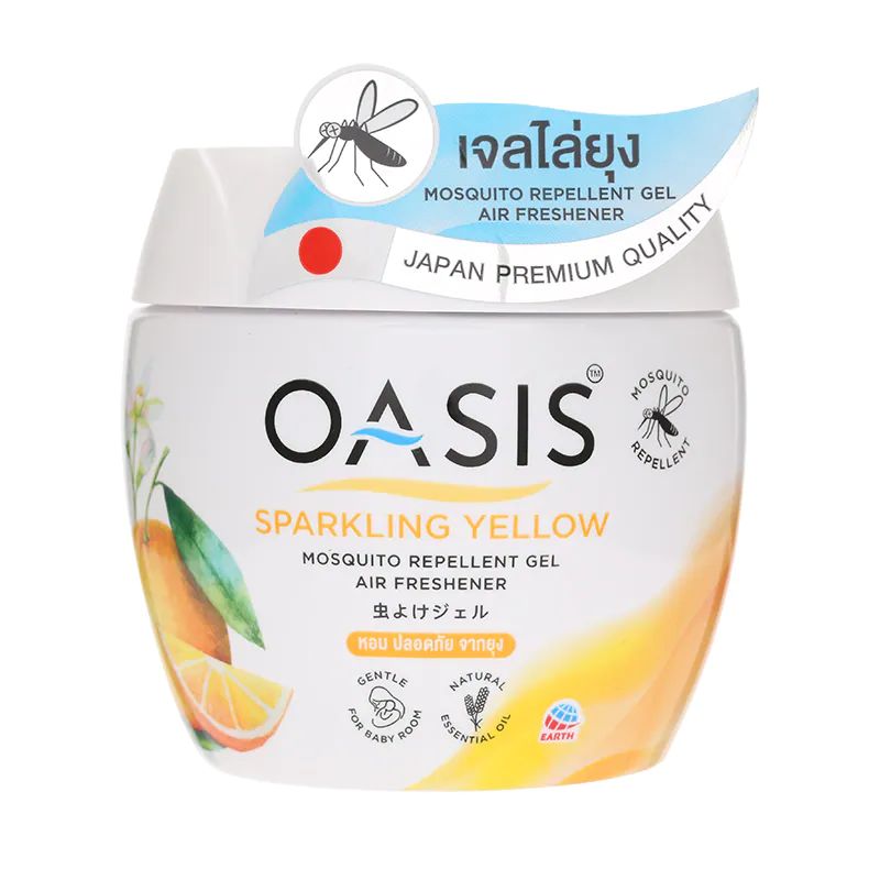 A container of Oasis Sparkling Yellow Mosquito Repellent Gel with a label featuring orange graphics and text, indicating its use as an air freshener and mosquito repellent.