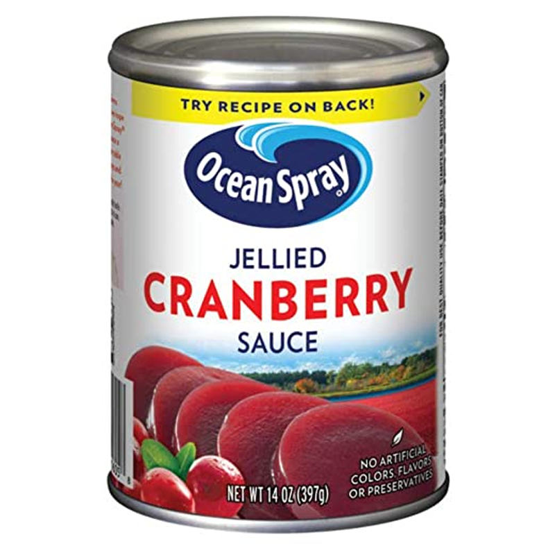 A can of Ocean Spray Jellied Cranberry Sauce, showing the product name and an image of cranberries on the label.