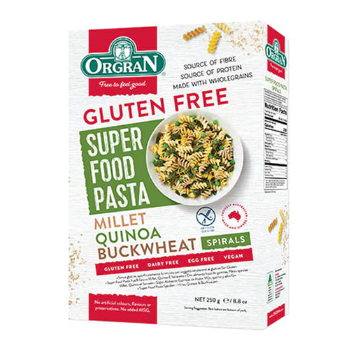 Orgran Gluten Free Suoer Food Pasta Millet Quinoa Buckwheat Spiral 250g