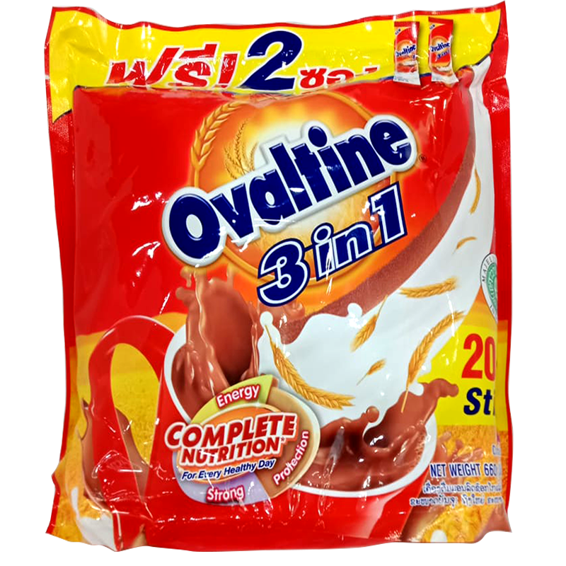 Ovaltine 3in1 Chocolate Flavour Malt Beveragel Size 30g Pack of 20+2Sticks