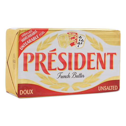 Packaging of President Unsalted French Butter, indicating it is a product of France and that it is unsalted.