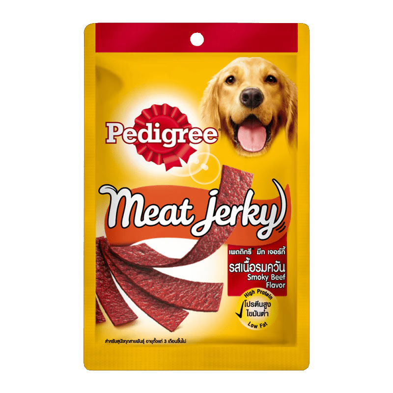 Packaging of Pedigree Meat Jerky with Smoky Beef Flavor featuring an image of a golden retriever and the product visible through a clear window.