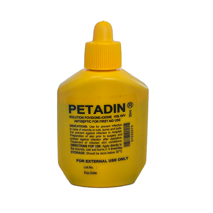 Petadin Solution Povidone-Iodine 10% wn Antiseptic ສໍາລັບການຊ່ວຍເຫຼືອຄັ້ງທໍາອິດ ຂະຫນາດ 30 ml