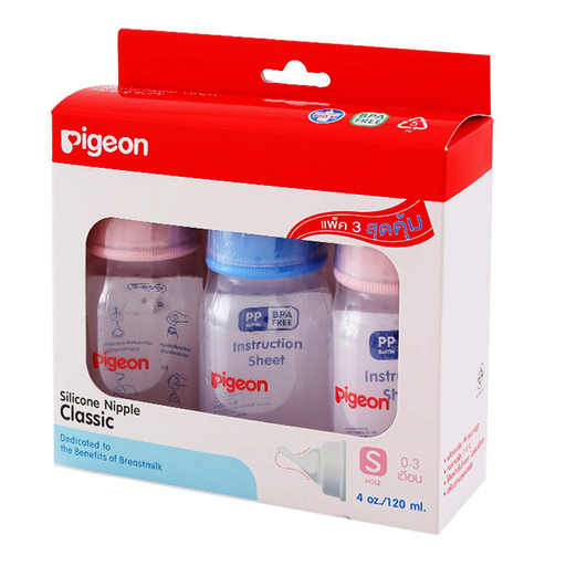 Pigeon Classic Silicone Nipple Size 4oz ສໍາລັບເດັກນ້ອຍ 0-3 ເດືອນ BPA ຟຣີ ຊອງ Nursing Bottle Pack of 3pcs