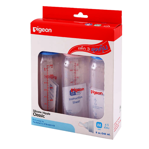 Pigeon Classic Silicone Nipple Size 8oz ສໍາລັບເດັກນ້ອຍ 4-5 ເດືອນ BPA ຟຣີ ຊອງ Nursing Bottle Pack of 3pcs