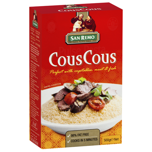 Box of San Remo Cous Cous with a picture of the couscous served with meat and vegetables on the front.
