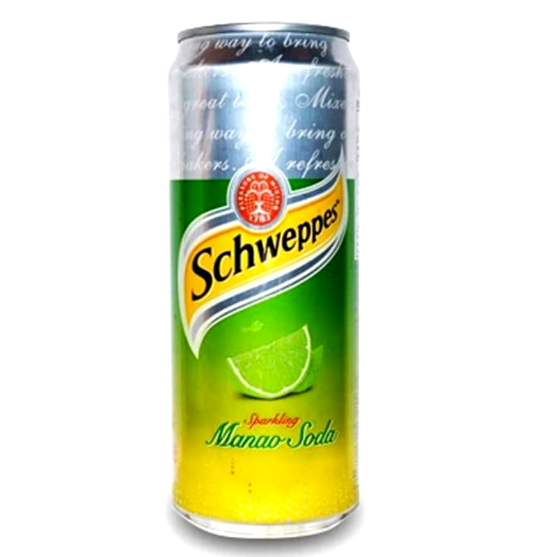 A can of SCHWEPPES Lime Soda with a green and yellow label featuring an image of a lime.