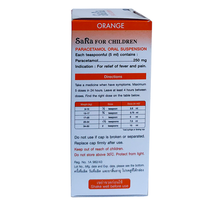 SaRa For Children Paracetamol Oral Suspension Relief of Fever and Pain Orange flavour Size 60 ml