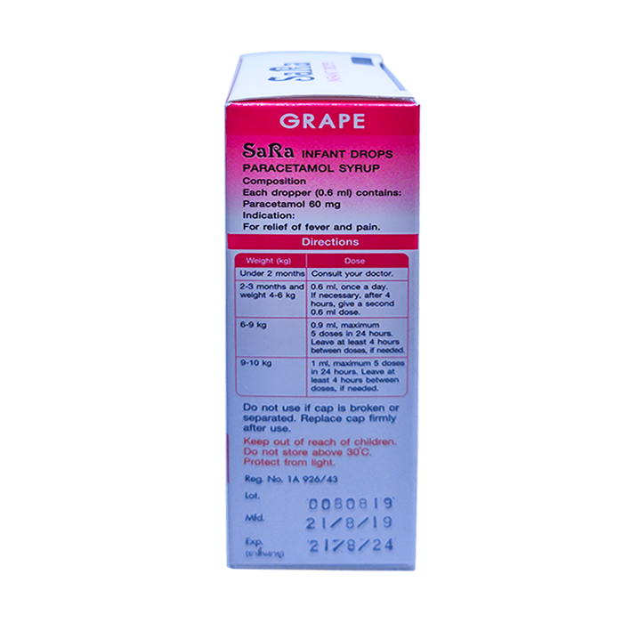 SaRa For Children Paracetamol Oral Suspension Relief of Fever and Pain grape flavour Size 60 ml