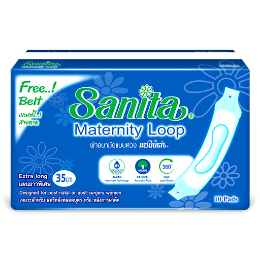 Sanita Maternity Loop Extra Long 35 cm Cottony Soft • Designed for post-natal Or post-surgery women Pack of 10 pads