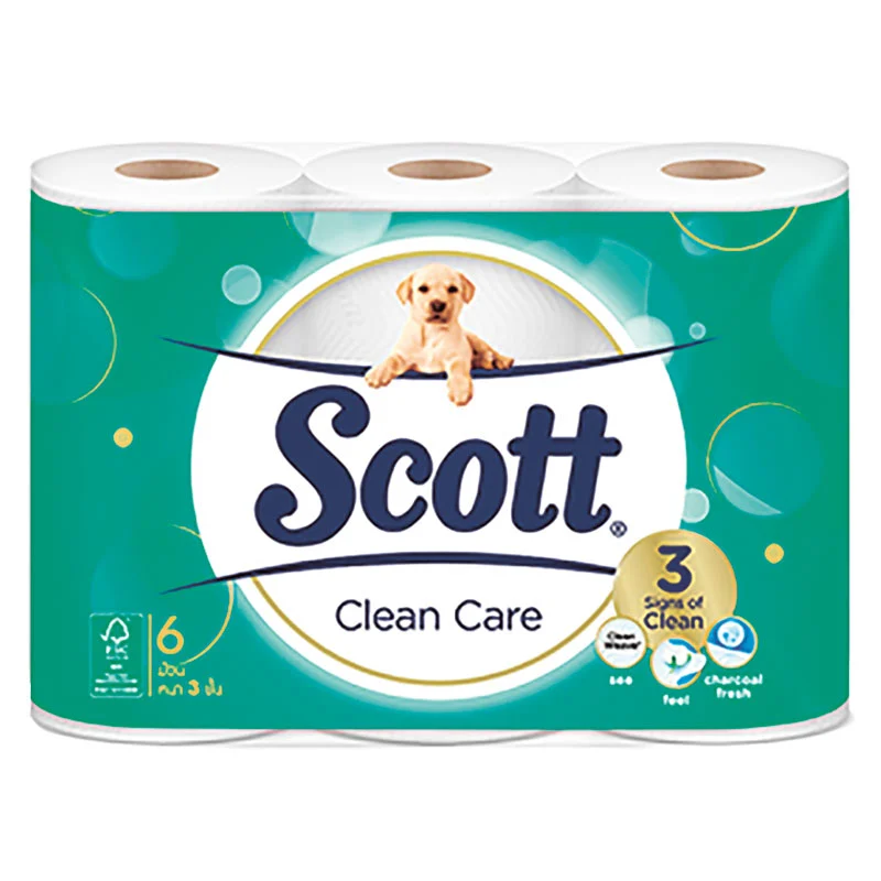 Scott Clean Care Toilet Paper – Pack of 6 white 3-ply rolls, neatly wrapped in branded packaging with blue and yellow design, offering soft and strong tissue for gentle everyday use.