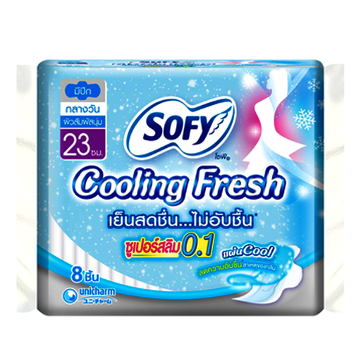 Sofy Cooling Fresh Super Slim 0.1 ຂະຫນາດ 23cm ຜ້າອະນາໄມທີ່ມີປີກສໍາລັບມື້ ຊອງ 8pcs