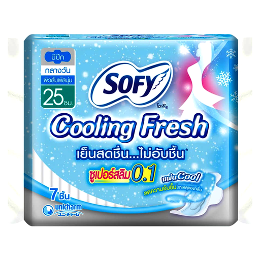 Sofy Cooling Fresh Super Slim 0.1 ຂະຫນາດ 25cm ຜ້າອະນາໄມທີ່ມີປີກສໍາລັບມື້ ຊອງ 7pcs
