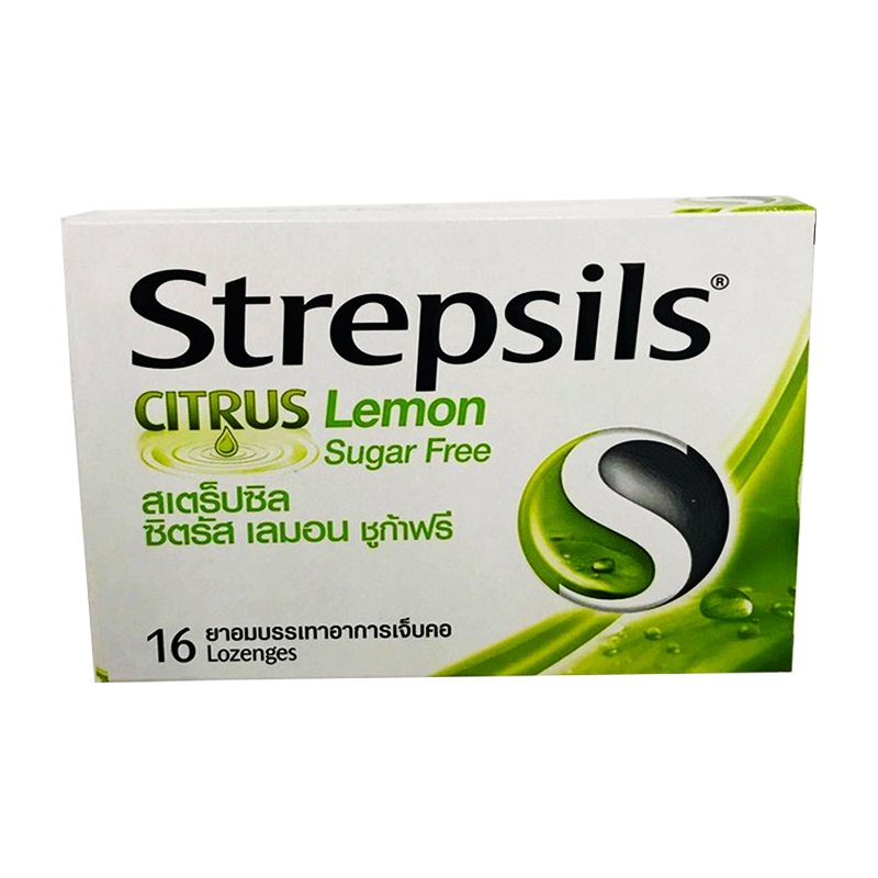 Strepsils Citrus Lemon Sugar Free ບັນເທົາອາການເຈັບຄໍ 16 ໂລຊັນ